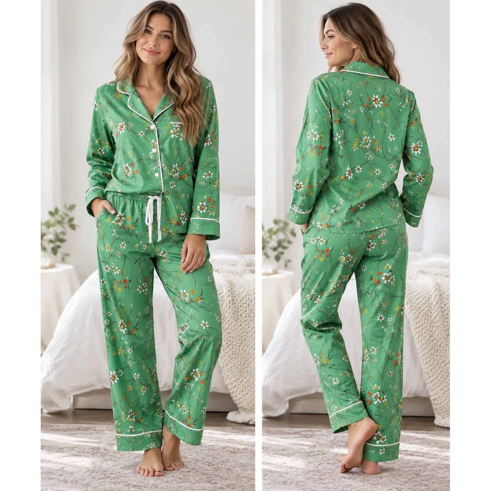 The Cat's Pajamas 2 Pc Pima Cotton Shirt & Ankle Pants Green Floral Sz Small